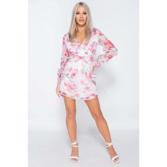 Floral Long Sleeve V-Neck Open Tie Back Mini Dress - Picture 2 of 14